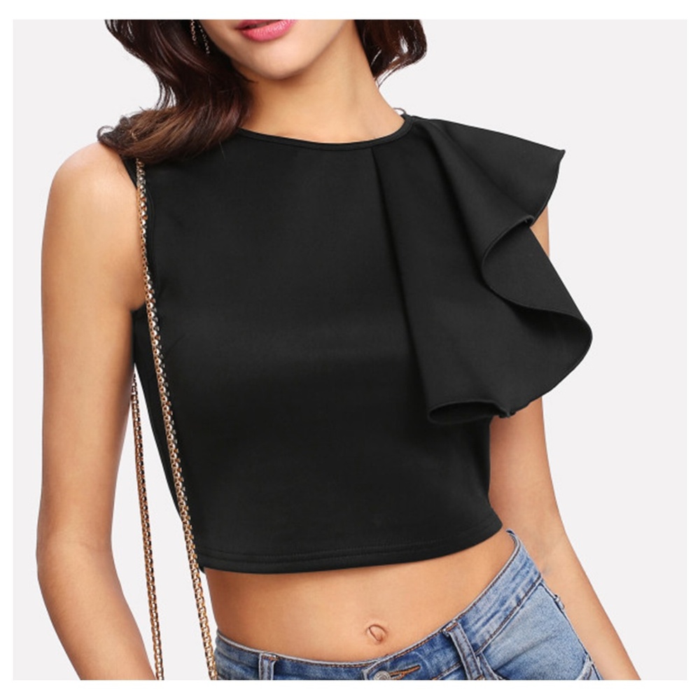Black Sleeveless Side Ruffle Crop Top - Picture 2 of 5